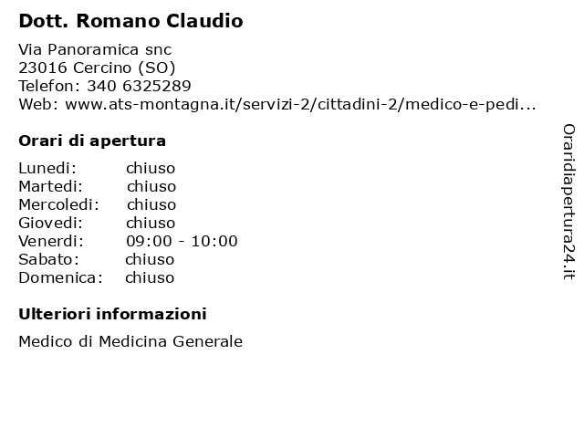 Dott. Romano Claudio a Cercino (SO): indirizzo e orari di apertura