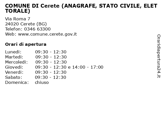 COMUNE DI Cerete (ANAGRAFE, STATO CIVILE, ELETTORALE) a Cerete (BG): indirizzo e orari di apertura