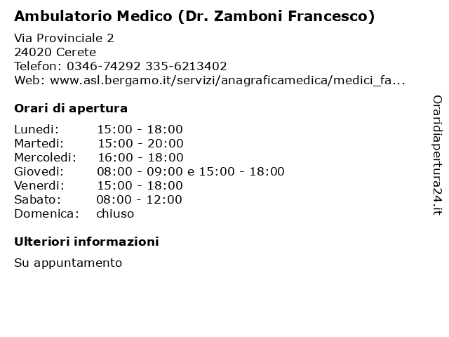 Ambulatorio Medico (Dr. Zamboni Francesco) a Cerete: indirizzo e orari di apertura