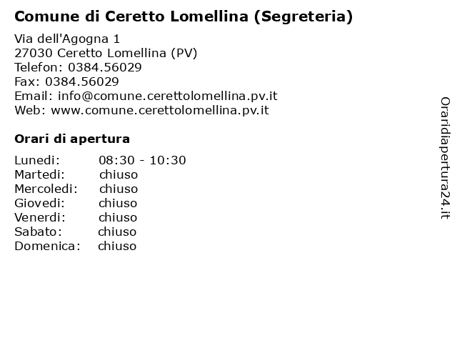 Comune di Ceretto Lomellina (Segreteria) a Ceretto Lomellina (PV): indirizzo e orari di apertura