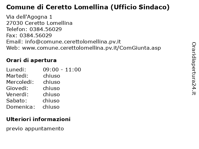 Comune di Ceretto Lomellina (Ufficio Sindaco) a Ceretto Lomellina: indirizzo e orari di apertura