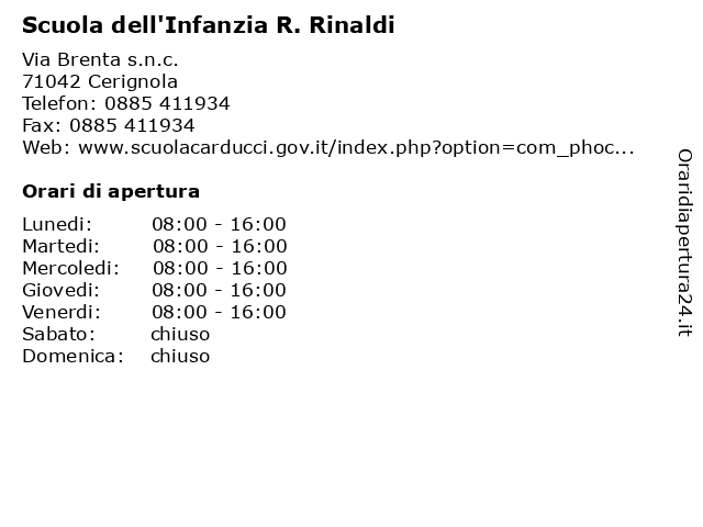 Scuola dell'Infanzia R. Rinaldi a Cerignola: indirizzo e orari di apertura