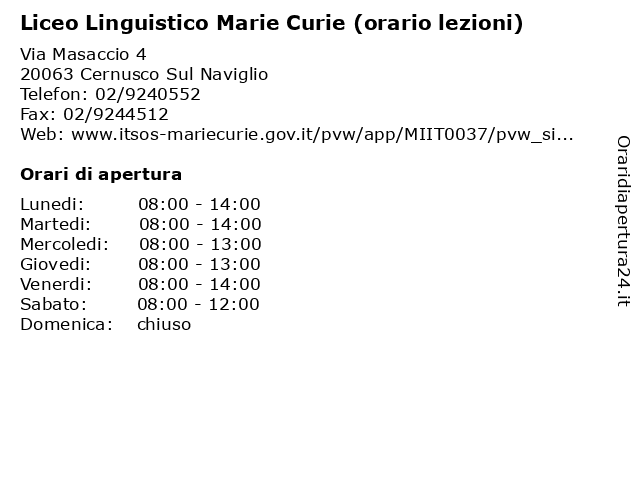 Liceo Linguistico Marie Curie (orario lezioni) a Cernusco Sul Naviglio: indirizzo e orari di apertura
