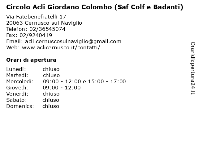 Circolo Acli Giordano Colombo (Saf Colf e Badanti) a Cernusco sul Naviglio: indirizzo e orari di apertura