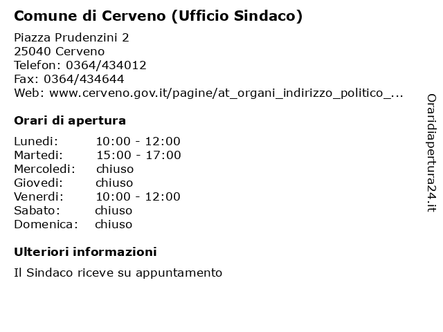Comune di Cerveno (Ufficio Sindaco) a Cerveno: indirizzo e orari di apertura