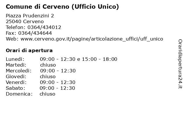 Comune di Cerveno (Ufficio Unico) a Cerveno: indirizzo e orari di apertura