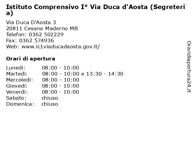 Istituto Comprensivo I° Via Duca d'Aosta (Segreteria) a Cesano Maderno MB: indirizzo e orari di apertura