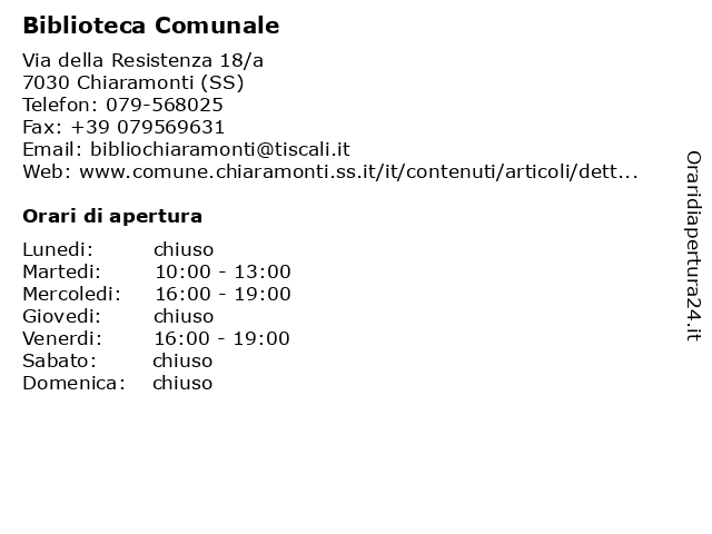 Biblioteca Comunale a Chiaramonti (SS): indirizzo e orari di apertura
