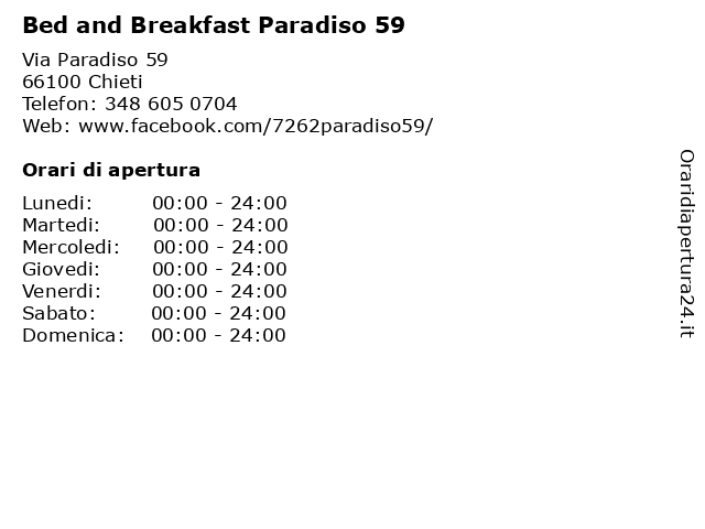 Bed and Breakfast Paradiso 59 a Chieti: indirizzo e orari di apertura