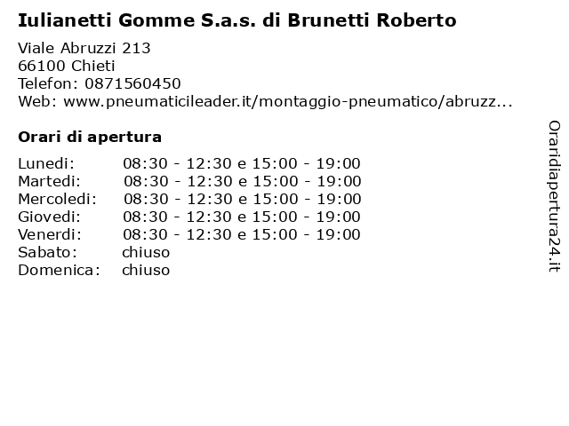 Iulianetti Gomme S.a.s. di Brunetti Roberto a Chieti: indirizzo e orari di apertura
