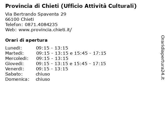 Provincia di Chieti (Ufficio Attività Culturali) a Chieti: indirizzo e orari di apertura