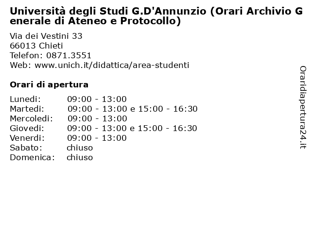 Università degli Studi G.D'Annunzio (Orari Archivio Generale di Ateneo e Protocollo) a Chieti: indirizzo e orari di apertura
