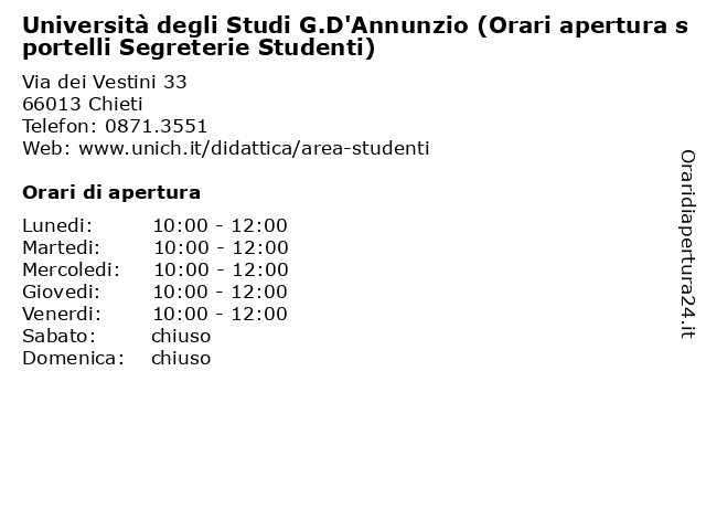 Università degli Studi G.D'Annunzio (Orari apertura sportelli Segreterie Studenti) a Chieti: indirizzo e orari di apertura