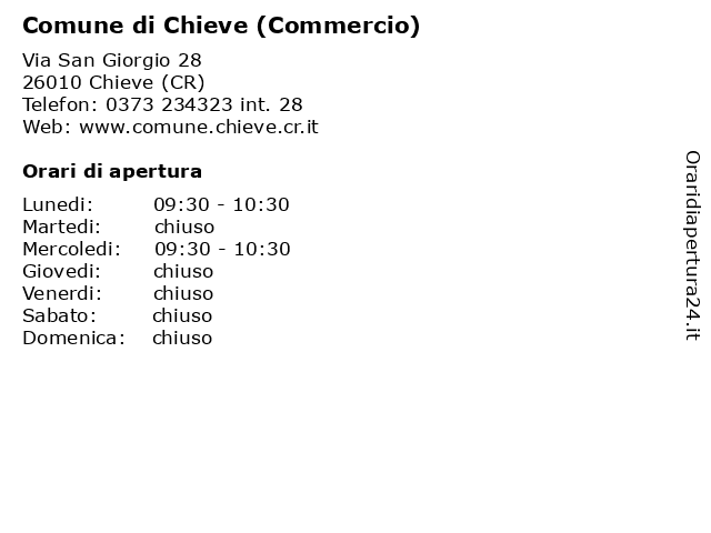 Comune di Chieve (Commercio) a Chieve (CR): indirizzo e orari di apertura