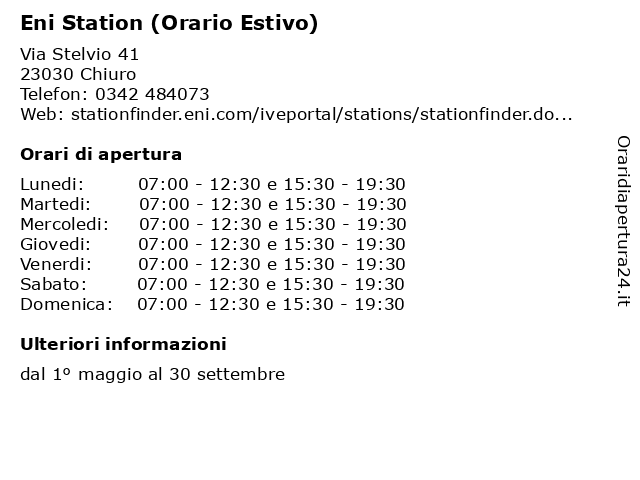 Eni Station (Orario Estivo) a Chiuro: indirizzo e orari di apertura