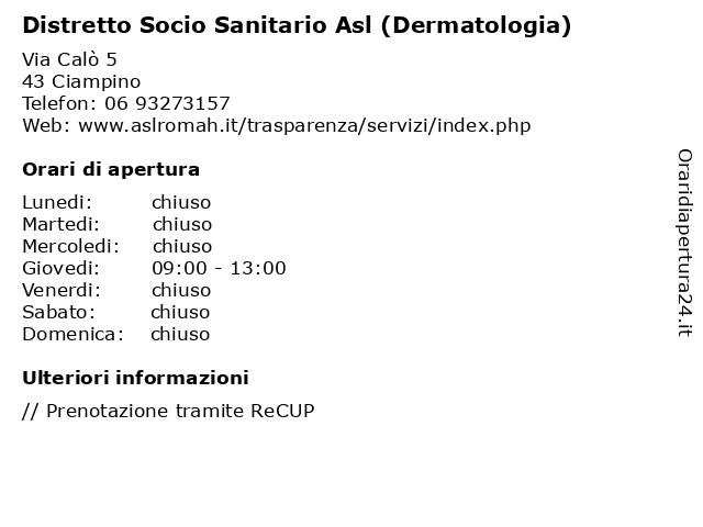 Distretto Socio Sanitario Asl (Dermatologia) a Ciampino: indirizzo e orari di apertura
