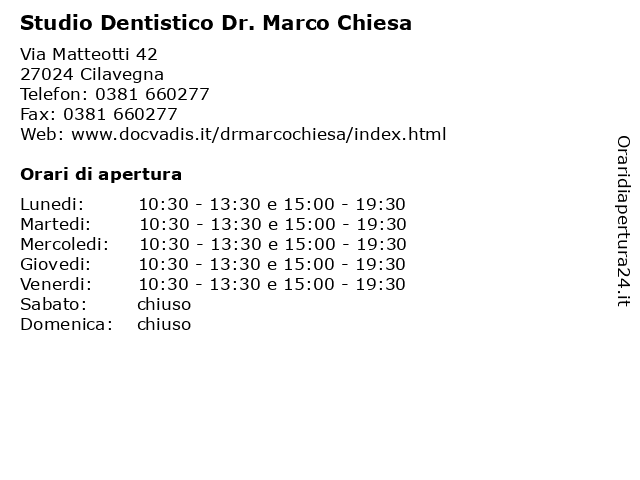 Studio Dentistico Dr. Marco Chiesa a Cilavegna: indirizzo e orari di apertura