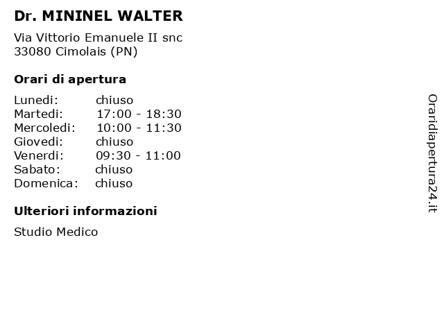 Dr. MININEL WALTER a Cimolais (PN): indirizzo e orari di apertura