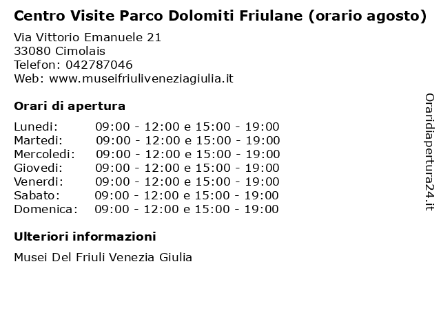 Centro Visite Parco Dolomiti Friulane (orario agosto) a Cimolais: indirizzo e orari di apertura