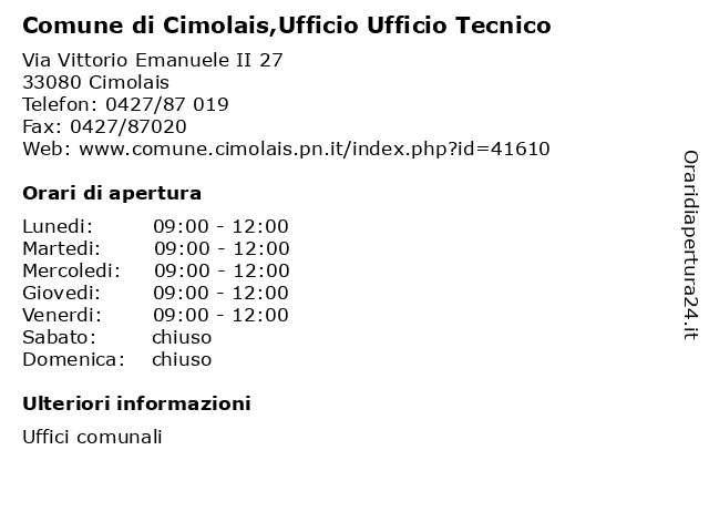 Comune di Cimolais,Ufficio Ufficio Tecnico a Cimolais: indirizzo e orari di apertura
