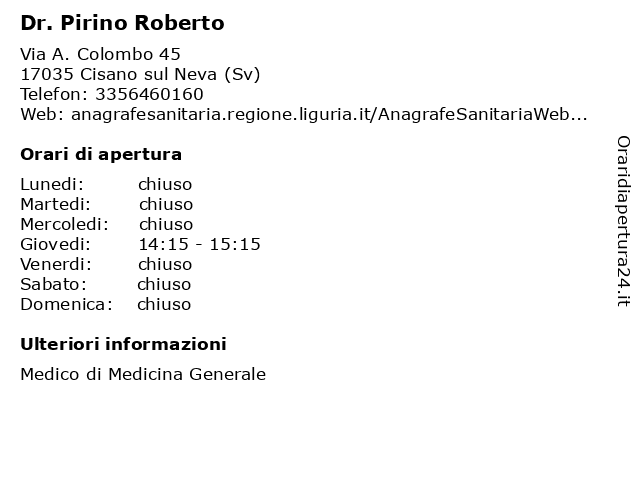 Dr. Pirino Roberto a Cisano sul Neva (Sv): indirizzo e orari di apertura