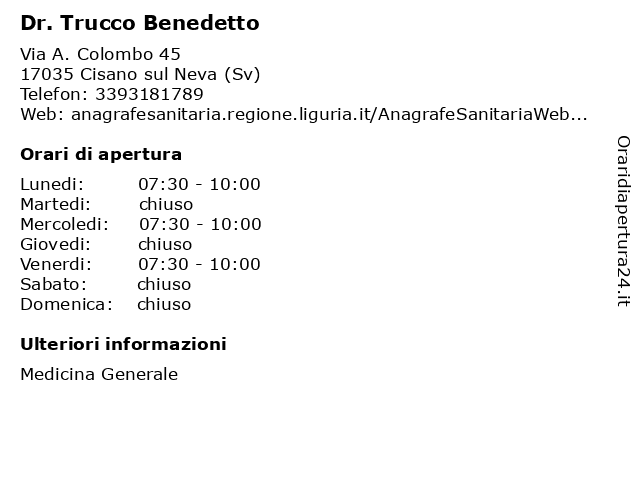 Dr. Trucco Benedetto a Cisano sul Neva (Sv): indirizzo e orari di apertura