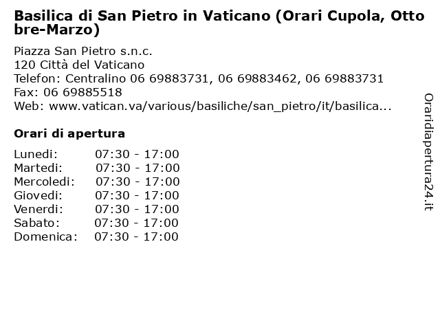 Basilica di San Pietro in Vaticano (Orari Cupola, Ottobre-Marzo) a Città del Vaticano: indirizzo e orari di apertura