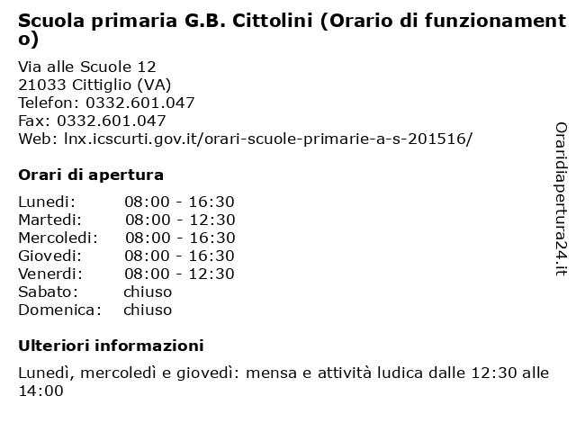 Scuola primaria G.B. Cittolini (Orario di funzionamento) a Cittiglio (VA): indirizzo e orari di apertura