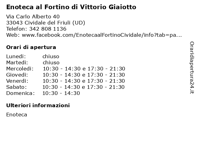 Enoteca al Fortino di Vittorio Giaiotto a Cividale del Friuli (UD): indirizzo e orari di apertura