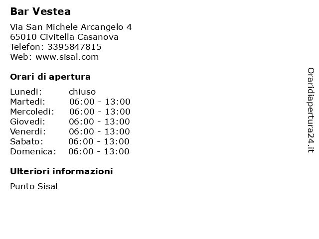 Bar Vestea a Civitella Casanova: indirizzo e orari di apertura