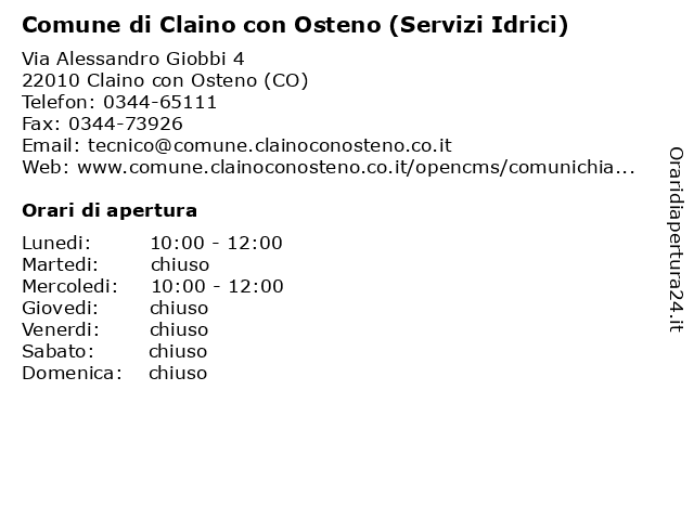 Comune di Claino con Osteno (Servizi Idrici) a Claino con Osteno (CO): indirizzo e orari di apertura