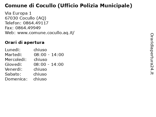 Comune di Cocullo (Ufficio Polizia Municipale) a Cocullo (AQ): indirizzo e orari di apertura