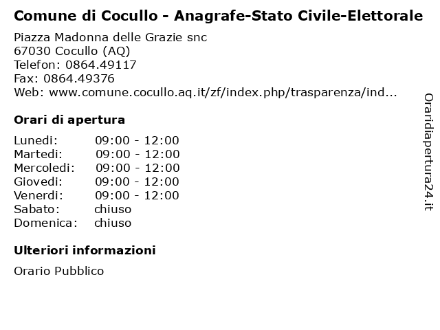 Comune di Cocullo - Anagrafe-Stato Civile-Elettorale a Cocullo (AQ): indirizzo e orari di apertura