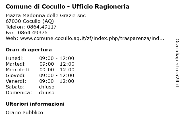 Comune di Cocullo - Ufficio Ragioneria a Cocullo (AQ): indirizzo e orari di apertura