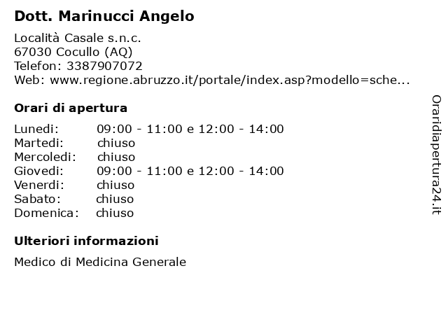 Dott. Marinucci Angelo a Cocullo (AQ): indirizzo e orari di apertura