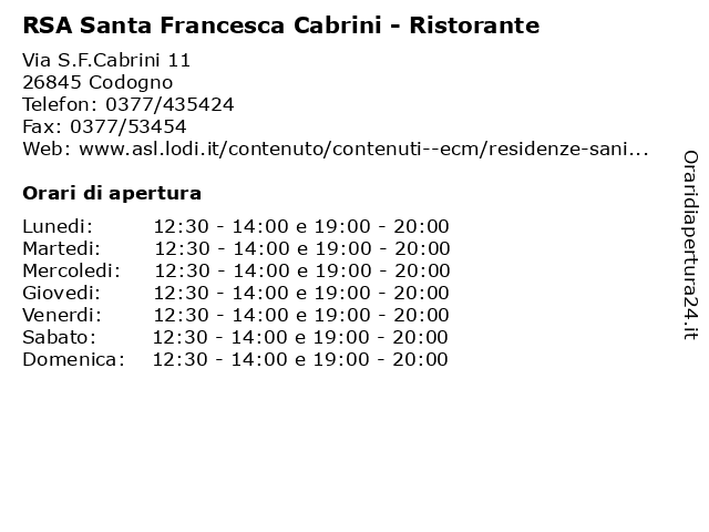 RSA Santa Francesca Cabrini - Ristorante a Codogno: indirizzo e orari di apertura