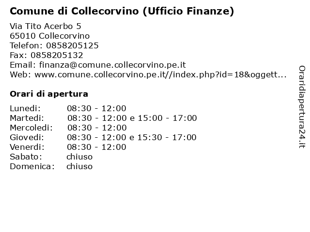 Comune di Collecorvino (Ufficio Finanze) a Collecorvino: indirizzo e orari di apertura
