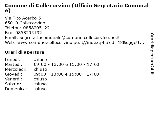 Comune di Collecorvino (Ufficio Segretario Comunale) a Collecorvino: indirizzo e orari di apertura
