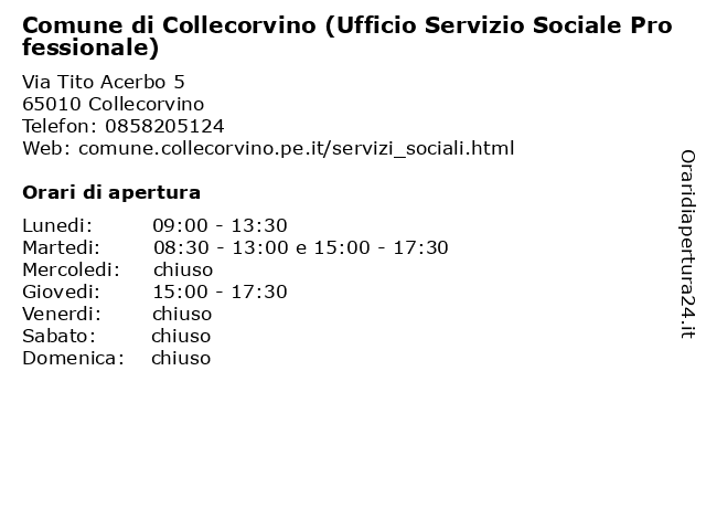 Comune di Collecorvino (Ufficio Servizio Sociale Professionale) a Collecorvino: indirizzo e orari di apertura