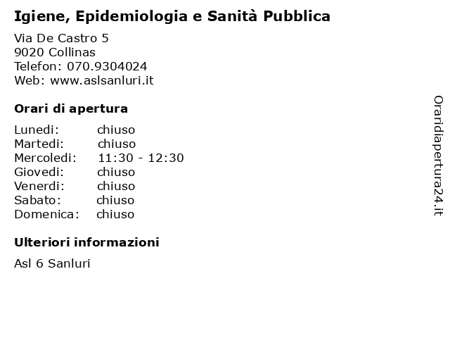 Igiene, Epidemiologia e Sanità Pubblica a Collinas: indirizzo e orari di apertura