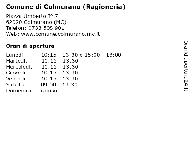 Comune di Colmurano (Ragioneria) a Colmurano (MC): indirizzo e orari di apertura