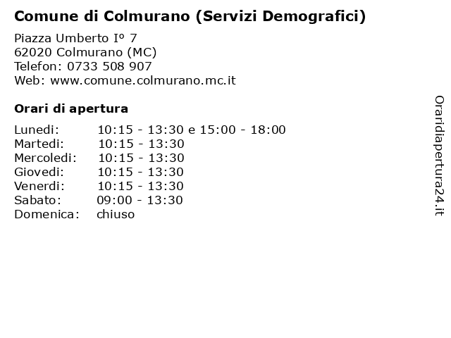 Comune di Colmurano (Servizi Demografici) a Colmurano (MC): indirizzo e orari di apertura