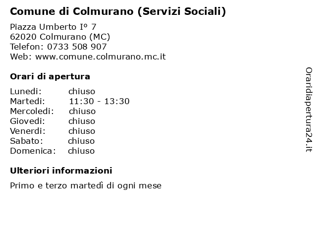 Comune di Colmurano (Servizi Sociali) a Colmurano (MC): indirizzo e orari di apertura