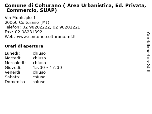 Comune di Colturano ( Area Urbanistica, Ed. Privata, Commercio, SUAP) a Colturano (MI): indirizzo e orari di apertura