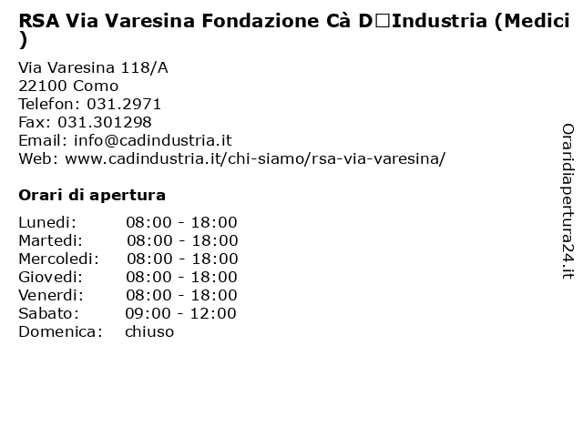 RSA Via Varesina Fondazione Cà D’Industria (Medici) a Como: indirizzo e orari di apertura