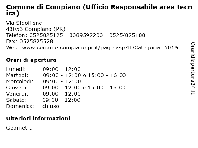 Comune di Compiano (Ufficio Responsabile area tecnica) a Compiano (PR): indirizzo e orari di apertura
