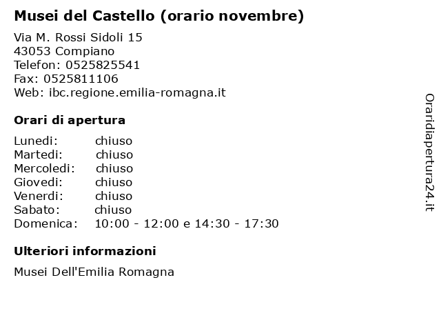 Musei del Castello (orario novembre) a Compiano: indirizzo e orari di apertura