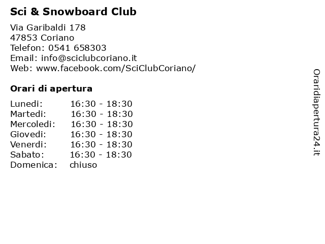 ᐅ Orari di apertura „Sci & Snowboard Club“ | Via Garibaldi