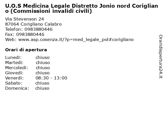 U.O.S Medicina Legale Distretto Jonio nord Corigliano (Commissioni invalidi civili) a Corigliano Calabro: indirizzo e orari di apertura