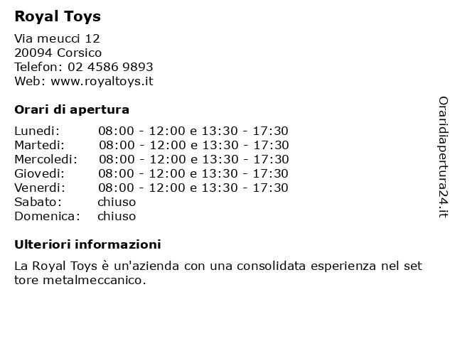 ᐅ Orari Royal Toys Via Meucci 12 20094 Corsico